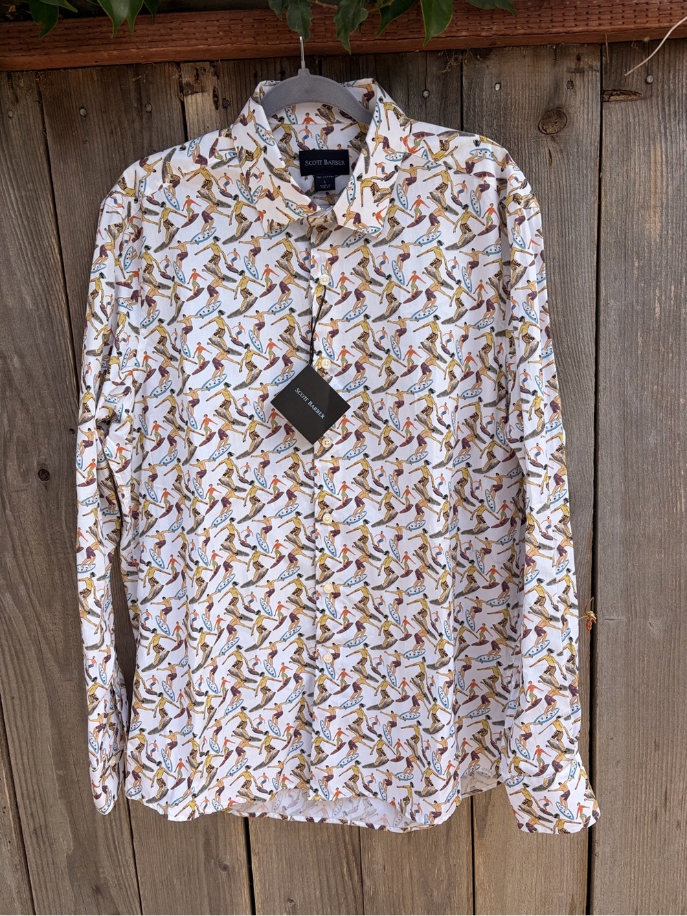 Scott Barber White Surf-Print Long Sleeve Dress Shirt